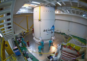 TerreStar 1 The completed Ariane 5 is shown in its Final Assembly Building, where launch team members inspect the payload fairing that will protect TerreStar-1 during the vehicle’s initial ascent phase.